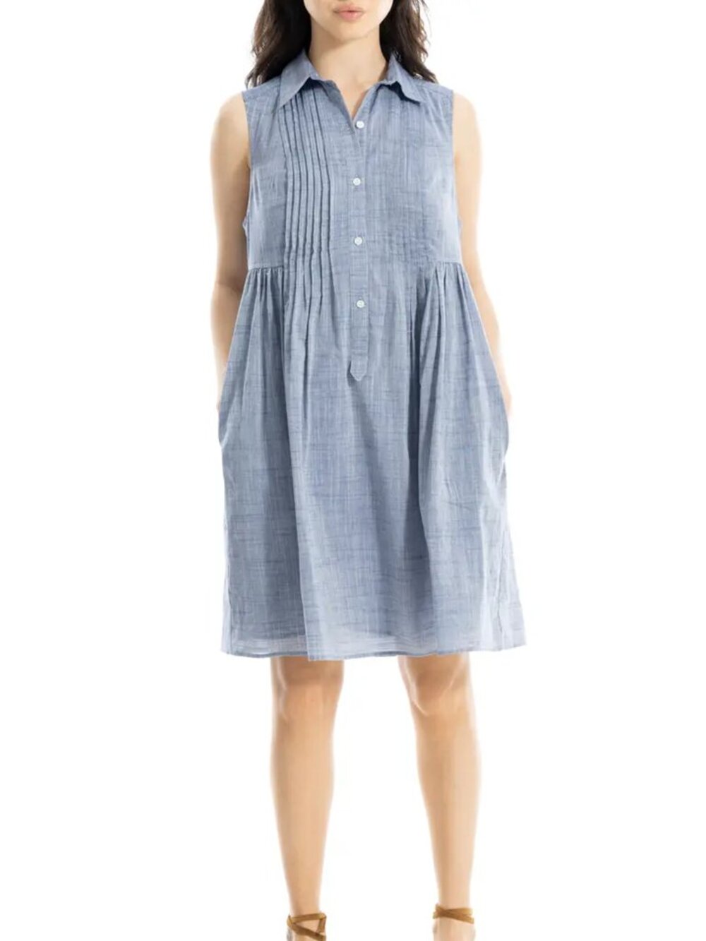 NWT MAX STUDIO Sleeveless Cotton Chambray Shirtdress Collared Blue L
